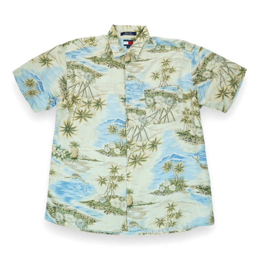 Vintage 90s Tommy Hilfiger Medium Mens Hawaiian Island Tropical Print Rayon